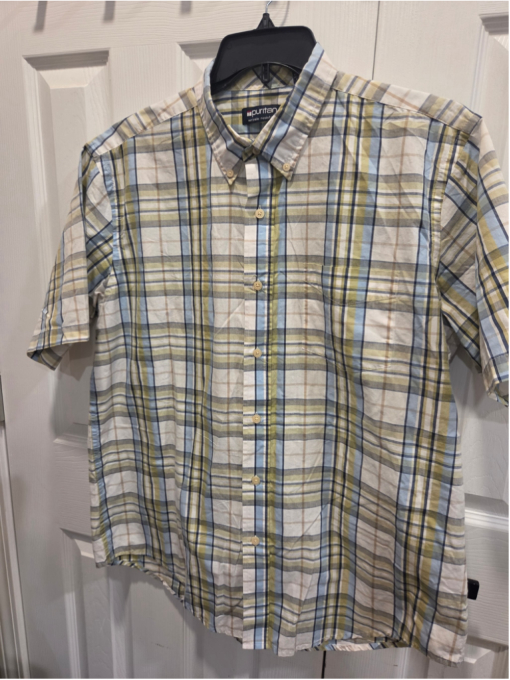 Men's Puritan Casual Button Down Shirt Size L White Blue Plaid
